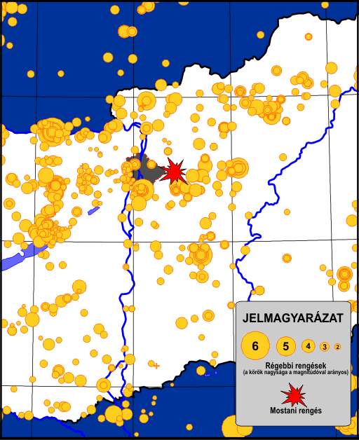 Földrengések hazánkban, vörössel jelölve a 2006. évi szilveszteri, gyömrői epicentrumot