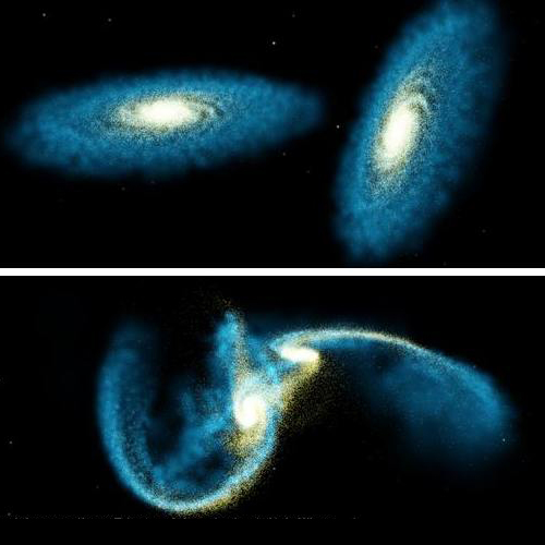 Két spirális galaxis ütközésének szimulációja. Közvetlenül a találkozó előtt (fent) és a kataklizma csúcspontján (lent). (Frank Summers, Chris Mihos, Lars Hemquist, STScI, CWRU, HU)