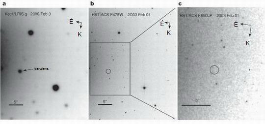 A felfénylés környezete a Keck I távcső felvételén, 2006. február 3-án, rajta a tranziens fényforrással (a); ugyanez a terület a Hubble Űrtávcső egy három évvel korábbi felvételén (b), valamint ez utóbbi kép kinagyított részlete a felfényesedés közvetlen környezetéről (c) – utóbbi kettőn a feltételezett szülőcsillagnak nyoma sincs.