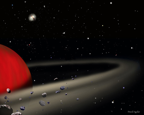 Fantáziarajz a 2M120b jelű objektum körüli anyagkorongról (David Aguilar, ESO)