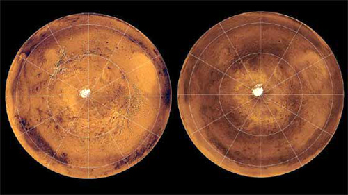 A Mars déli sarkvidéke a régebbi Viking- (balra) és az újabb MGS-fotók (jobbra) alapján. Jól látható a két időszak között bekövetkezett sötétedés (NASA)