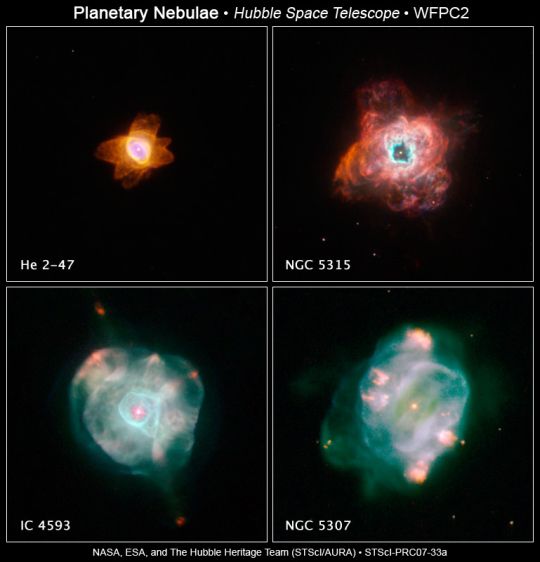 A Hubble Űrteleszkóp felvétele négy különböző korú planetáris ködről. (NASA, ESA, and The Hubble Heritage Team [STScI/AURA])