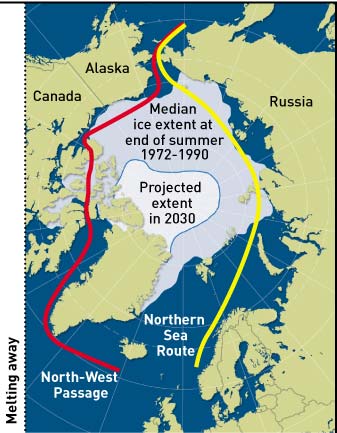 Az északi-sarki jégsapka várható alakulása a leendő hajózási útvonalakkal