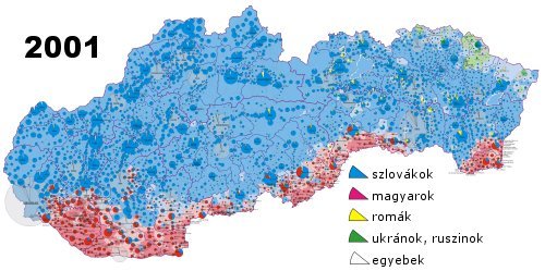 Magyarok (pirossal) a Felvidéken 2001-ben. Napjainkban Szlovákiában hozzávetőlegesen 550000 magyar él, mely a lakosság 10-11%-át teszi ki.