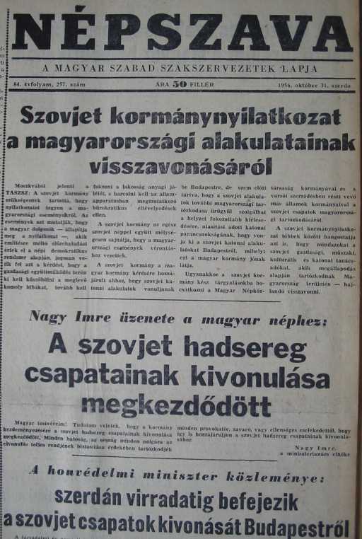 A Népszava 1956 október 31-i vezércikke a szovjet csapatok kivonásáról