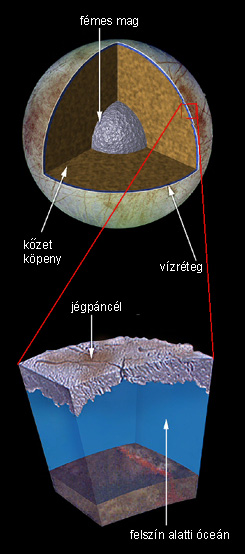 Az Europa jupiterhold feltételezett belső szerkezete (JPL, NASA, Caltech)