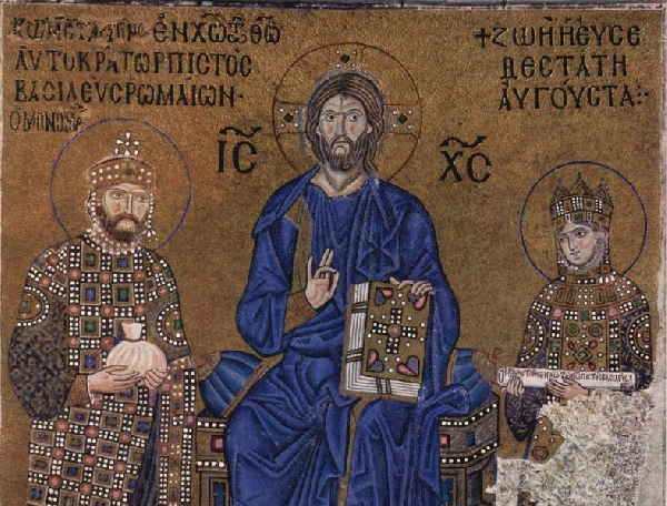 Mozaik a Hagia Sophiában: Középen Krisztus, jobbján IX. Konstantin, míg balján Zoe császárnő látható