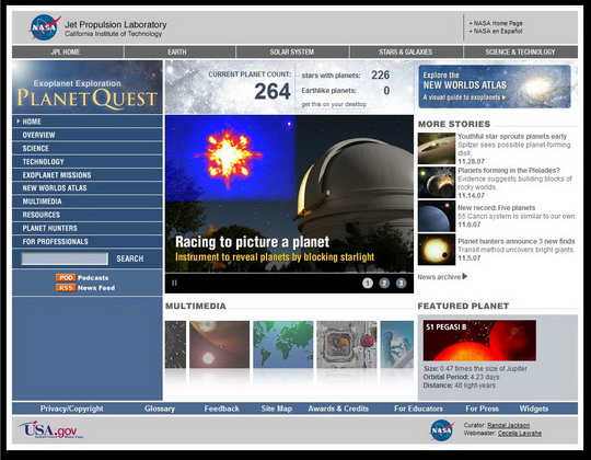 A PlanetQuest 2.0 nyitóoldala (NASA/JPL)
