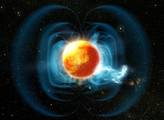 Fantáziarajz a TVLM513-46546 mágneses teréről és a felszínét domináló forró foltról, ami ezen az illusztráción csak részben látszik. (Gemini Observatory/Dana Berry, SkyWorks Digital Animation)