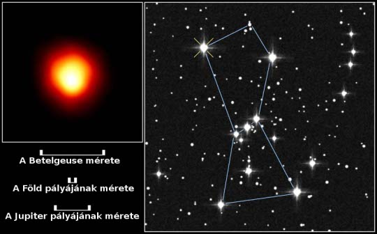 Az égbolt egyik legismertebb vörös szuperóriása, az Orion csillagkép legfényesebb csillaga, a Betelgeuse. A kép érdekessége, hogy 1995-ben ez volt az első olyan direkt felvétel egy csillagról, amelyen felszíni részletek is kivehetők voltak. [Andrea Dupree (Harvard-Smithsonian CfA), Ronald Gilliland (STScI), NASA és ESA]