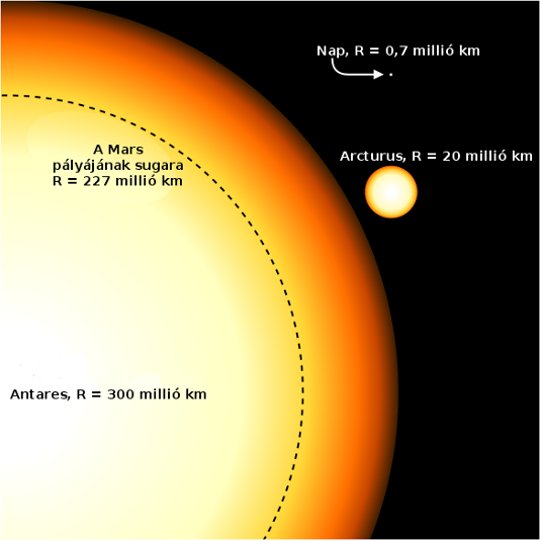 A Nap (sárga törpe), az Arcturus (α Boo, sárga óriás) és az Antares (α Sco, vörös szuperóriás), illetve a marspálya méreteinek összehasonlítása. A Nap jelenlegi mérete eltörpül egy vörös szuperóriás kiterjedt légköre mellett. [astroprofspage.com nyomán]