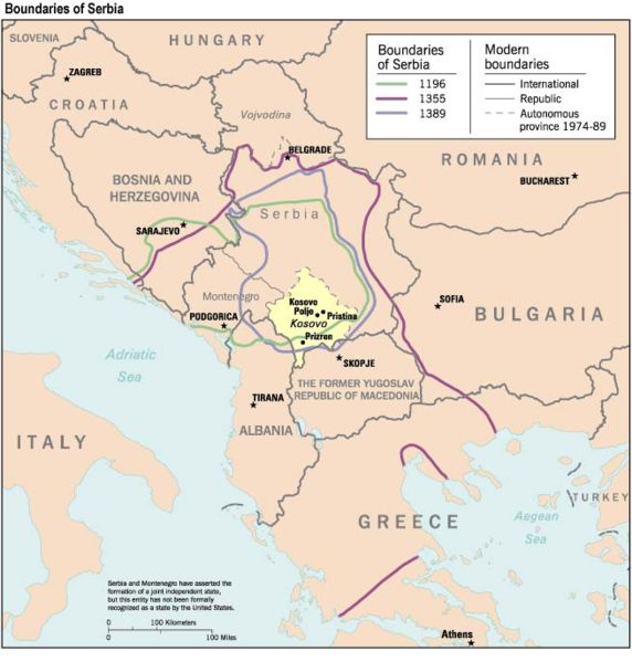 A mai Koszovó és a középkori Szerb királyság határai