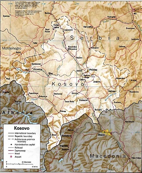 Koszovó domborzati térképe