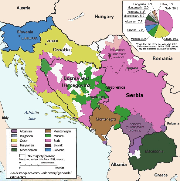 Jugoszlávia etnikai térképe a többségében albánok lakta (lila) területekkel és az autonóm tartomány Koszovóval. (Északon, a Vajdaság autonóm tartományban halvány rózsaszínnel a többségében magyarok lakta területek láthatóak)