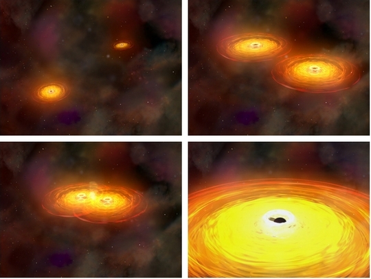 Két nagytömegű fekete lyuk összeolvadási folyamatát bemutató animáció részletei. [NASA/CXC/A. Hobart]