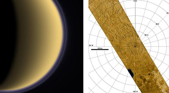 A Cassini űrszonda bal oldali felvétele az első megközelítés után egy nappal, 2004. július 3-án készült az infravörös tartományban. A jobb oldali, 2007. december 20-án készült radarkép a hold déli pólusának környékét mutatja. [NASA/JPL/Space Science Institute, NASA/JPL]