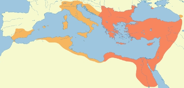 A Bizánci birodalim kiterjedése a a Gót és Vandál háborúk előtt (piros) és után (piros + narancs)