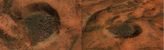 Az újonnan felfedezett kráter felülnézetből, valamint oldalról, 800 m-es magasságból nézve.