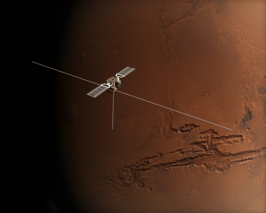Fantáziarajz a bolygó körül keringő Mars Express szondáról. A MARSIS radar két 20 és egy 7 méteres antennája által kibocsátott kisfrekvenciájú rádióhullámokkal az űreszköz a Mars felszín alatti rétegeit térképezi fel. [ESA]