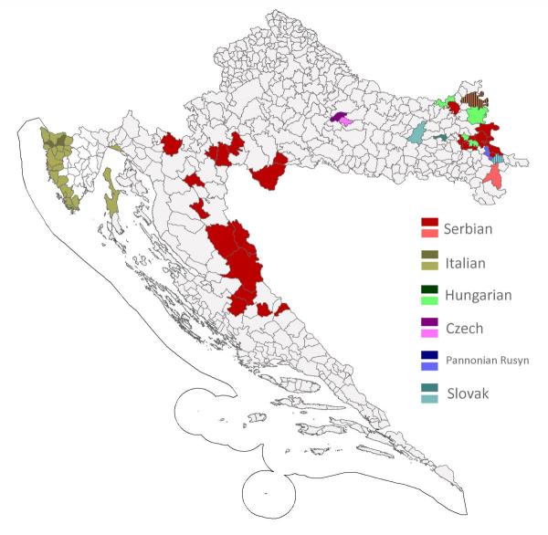 Horvátország etnikai térképe (2001), vörössel a horvátok, kékkel a szerbek, lilával a magyarok lakta területek láthatók