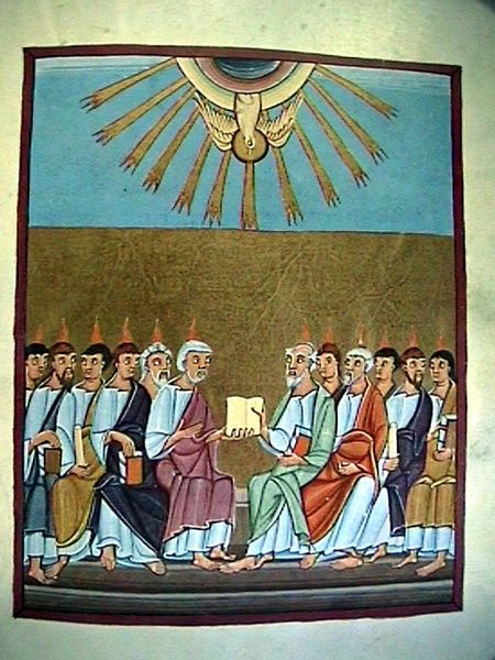 A Szentlélek megszállja az apostolokat. Kép a Bamberg Apocalypse-ból
