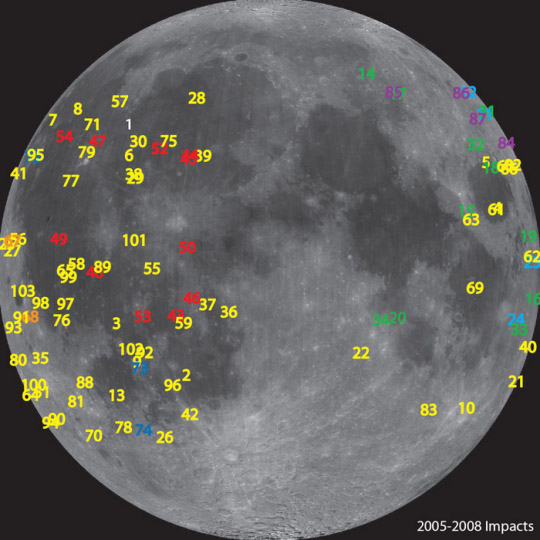 A 2005 és 2008 között detektált holdfelszíni villanások felszíni eloszlása. Kapcsolódó képek és videók innen tölthetők le (kép: NASA Marshall Űrközpont, Meteor Environment Office).