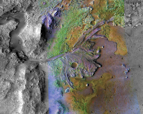 A Jezero-kráterbe nyíló deltatorkolat képe.