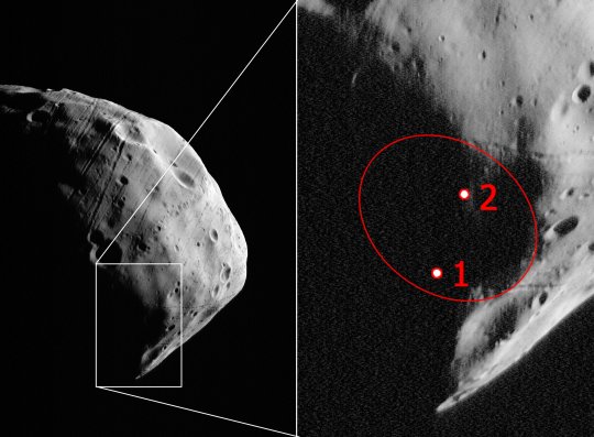 A Phobos-Grunt űrszonda tervezett leszállóhelyei.