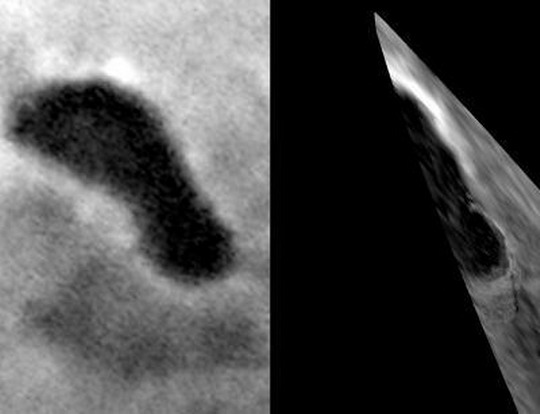 AJobbra: a Cassini VIMS műszere által 2007.12.04-én, kb. 1100 km magasságból, erősen ferde szögben készített felvétele az Ontario Lacus egy részéről (5 mikronos hullámhosszon). Jól látszik a sötétebb partszakasz és a világos partvonal részlete. Balra: a Cassini 2005 júniusi, rosszabb felbontású felvétele a területről (NASA JPL / University of Arizona / Space Science Institute)