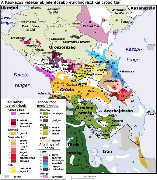 Kaukázusi nyelvek térképe, amely a helyi nemzetiségeket is mutatja