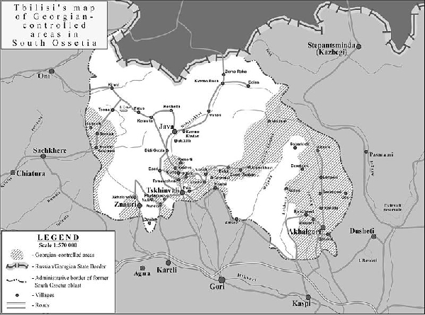 Dél-Oszétia 2008-as háború előtti térképe. A csíkozott rész grúz fennhatóság alatt állt.