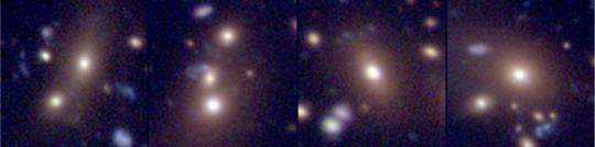 A 4 milliárd fényév távolságban lévő halmaz négy galaxiscsoportjának legfényesebb galaxisai. Mindegyik esetben jól megfigyelhetők a központi, legfényesebb, s vélhetőleg legnagyobb tömegű halmaztag körül csoportosuló kisebb galaxisok.<br />
[European Southern Observatory]