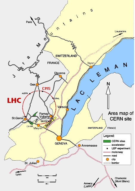 Az LHC elhelyezkedése a Svájci-Francia határon