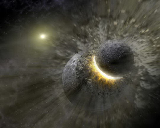 Két bolygócsíra ütközésének fantáziarajza (NASA/JPL, Caltech)