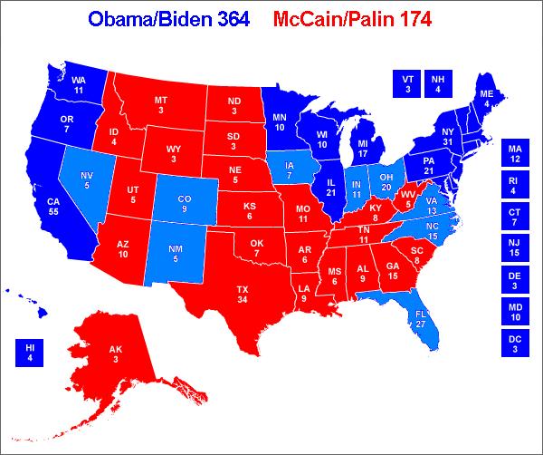 A John McCain (vörös) és Barack Obama (kék+világos kék) által megnyert államok az elektori szavazatok feltüntetésével. A világos kék államok az Obama által meghódított, 4 éve republikánus államokat jelöli.