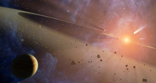 Fantáziarajz az ε Eridani rendszeréről. Az aszteroidaövezetek a sárgás gyűrűk a csillag körül. A jóval távolabbi üstökösgyűrű nem fért a képre. A rajzon a feltételezett bolygók is láthatók. [NASA/JPL-Caltech]