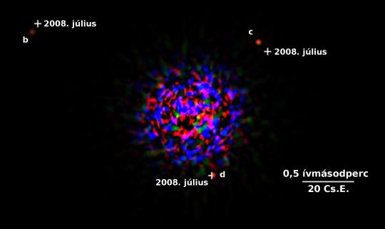 A HR 8799 rendszerének infravörös felvételekből összeállított képe. A felvételek a Keck-teleszkóppal készültek 2008. szeptemberében a J és Ks sávban. A képen a H sávban rögzített felvételek alapján keresztek jelzik a három bolygó helyzetét 2008. júliusában. A központi részt itt nem maszkolták ki, hogy érzékelni lehessen a d komponens körül a kép zajszintjét. [ W.M. Keck Observatory]