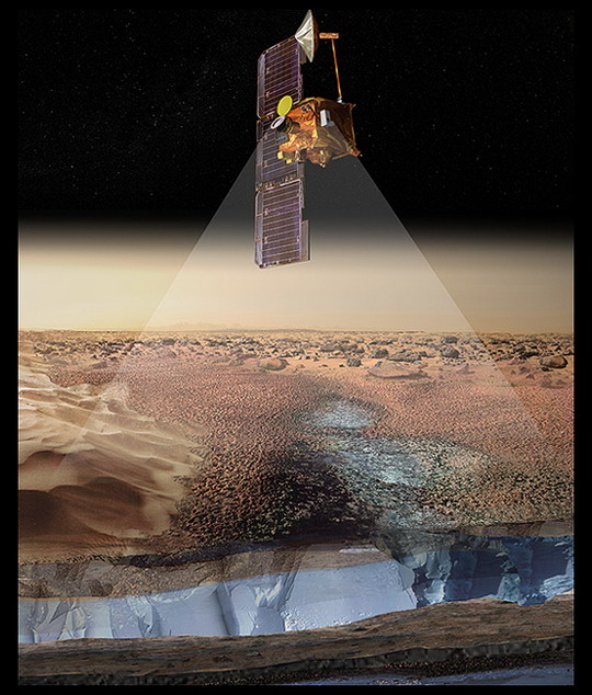 Fantáziakép a felszín alatti víz(jég) nyomait kutató Mars Odyssey szondáról (NASA)