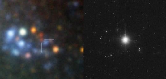 Bal oldal: Az adott területről az ESO VLT távcsőegyüttesének UT1 (Antu) teleszkópján üzemelő FORS1 és ISAAC műszerekkel a robbanás előtt a látható és az infravörös K sávban készített felvételekből előállított kép, megjelölve rajta a (valószínű) progenitort. Jobb oldal: A VLT UT4 (Yepun) teleszkópjának NACO (NAOS+CONICA) műszerével a robbanás után az infravörös K sávban készült felvétel. Az adaptív optikás rendszer szolgáltatta éles képek tették lehetővé a progenitor azonosítását a korábbi felvételeken.<br />
[ESO/S. Mattila, S. Smartt, M. Crockett, J. Eldridge, J. Maund és J. Danziger]