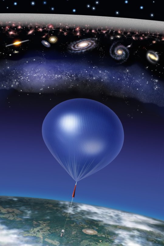 Fantáziakép a méréseket végző ballonról és forrásként szolgáló objektumokról. A berendezés 2000 liter folyékony héliumot vitt magával, hogy a műszerek hőmérsékletét -270 fok közelében tartsa. [NASA/ARCADE/Roen Kelly]