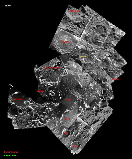  Az ESA SMART-1 űrszondája által készített felvételekből összeállított mozaik<br />
térkép a Hold északi pólusvidékéről. A Hevesy-krátert sárga felírat jelöli. A képen a krátereket Kocsis Antal, a Magyar Csillagászati Egyesület Hold Szakcsoportjának vezetője azonosította be (kép: ESA SMART-1).