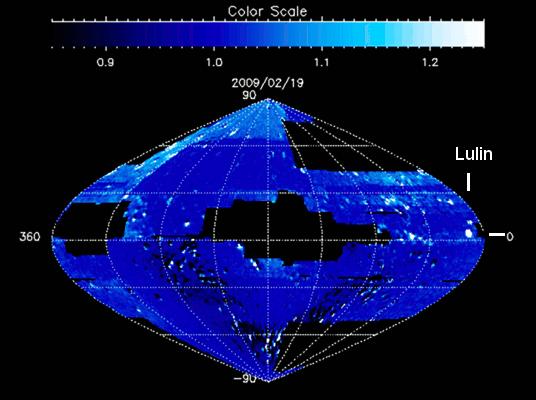 A SOHO SWAN műszerének ultraibolya képen fényes égitestként tűnik fel a Lulin.