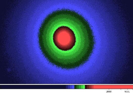 A Lulin-üstökös 30 másodperces R-szűrős képén az alkalmazott színtábla jól kiemeli a kóma fényességprofiljának szabályosságát (a szerző felvétele 2009. február 20-án, 00:51:33 UT-kor).
