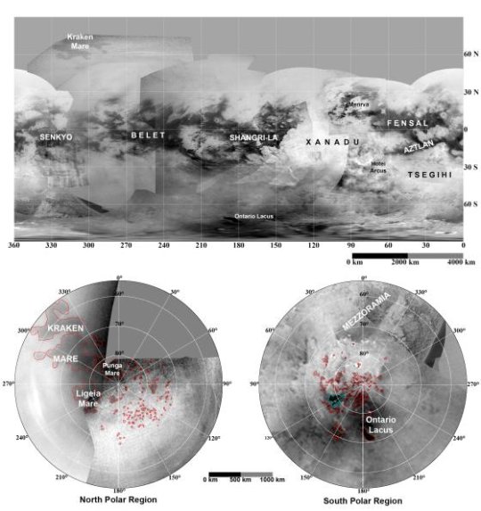 A Titan felszínéről eddig készült legrészletesebb térkép 4 év megfigyelései alapján. [NASA, Cassini Imaging Team]