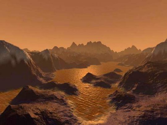 A Titan felszínének fantáziaképe folyékony tavakkal, jeges és sziklás területekkel vegyítve. [Steven Hobbs, Brisbane, Queensland, Ausztrália]
