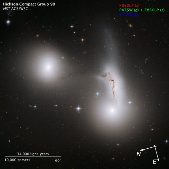 A HST ACS és WFC műszereivel készült kép mérete kb. a telihold tizedrésze, kelet kissé jobbra és lefelé van, észak pedig kb. balra. A felvétel a galaxisok távolságában hozzávetőleg egymillió fényévet ölel át. Az itt elérhető nagyfelbontású változaton pedig az Univerzum szédítő mélységeibe pillanthatunk be, illetve háttérgalaxisok kavalkádját tanulmányozhatjuk. [NASA, ESA, R. Sharples (University of Durham)]