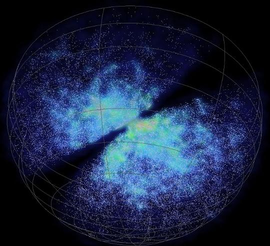A 110 ezer galaxist tartalmazó térkép részlete. A sötét sávok a Tejút által kitakart égboltrészt jelzik, ahol a fősík csillagközi gáz- és porfelhői elnyelik a távoli galaxisok sugárzását. [Chris Fluke, Swinburne University of Technology]