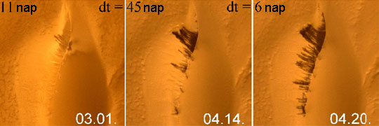 Tavaszi folyásnyomok egy marsfelszíni dűnén (MASA, JPL, Colbud)