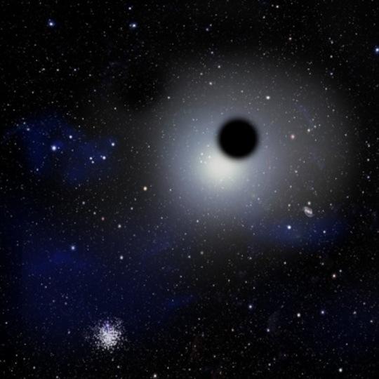 Fantáziarajz a Tejútrendszer szélén egy gömbhalmaz közelében elhaladó csavargó fekete lyukról.<br />
[David A. Aguilar (CfA)]