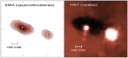 Balra az SMA 880 mikronos hullámhosszon, jobbra a HST optikai tartományban készített felvétele a 253-1536 jelű kettős rendszerről - utóbbi képen jól látszik a nagyobb tömegű porkorong árnyéka (University of Hawaii, ill. N. Smith, University of California at Berkeley).